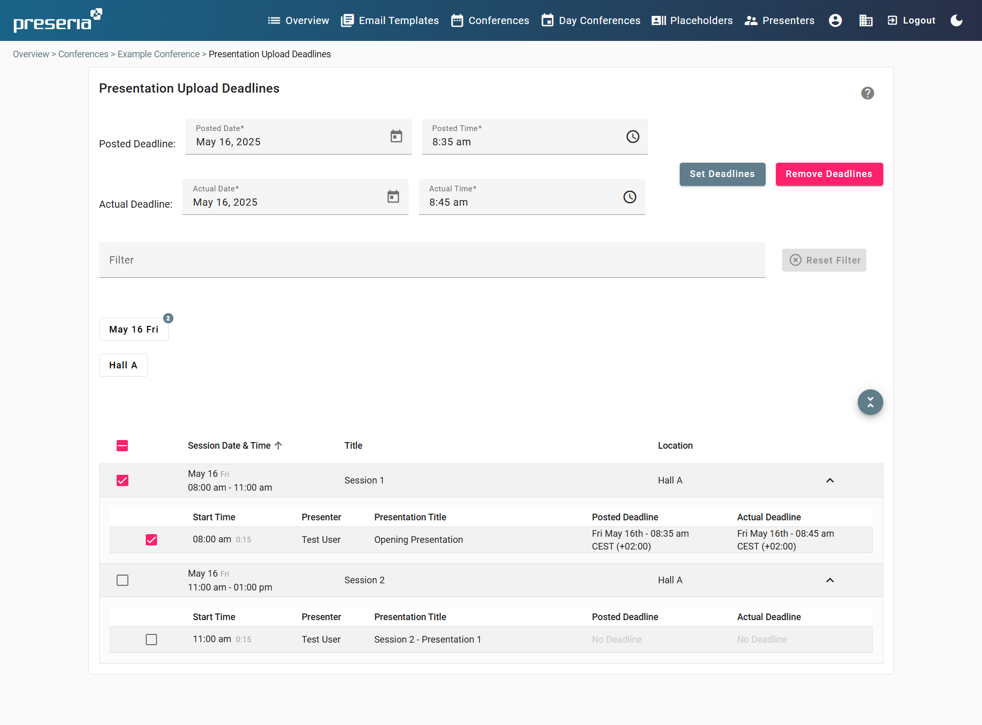 Presentation Deadlines Page in Organizer View