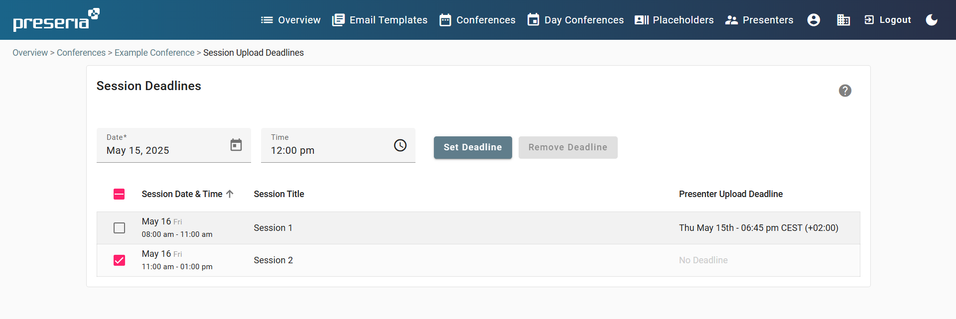 Session Deadlines Page in Organizer View